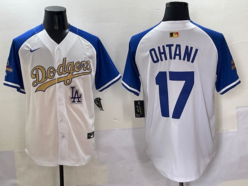 Men Los Angeles Dodgers 17 Ohtani White Blue Champion gold character Nike 2025 MLB Jersey style 50519